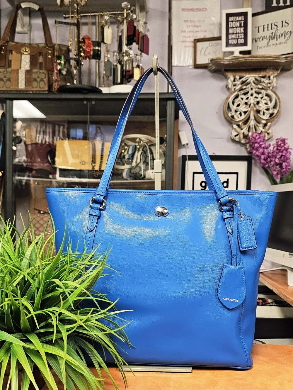 Coach Electric Blue Leather Tote with Signature Hangtag